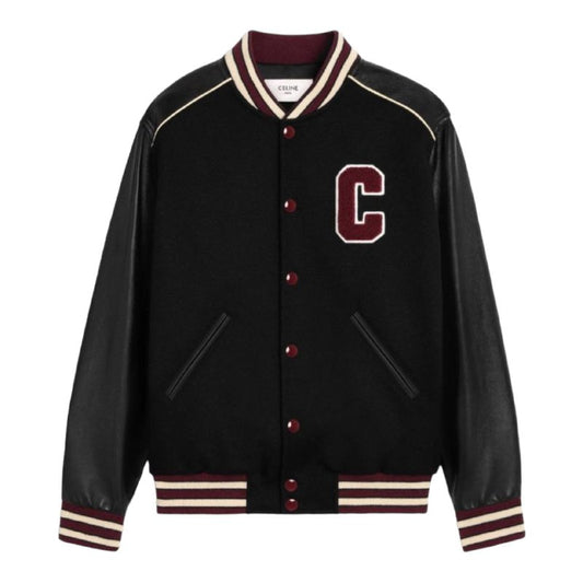 CELINE CLASSIC TEDDY JACKET IN TEXTURED WOOL BLACK / BURGUNDY