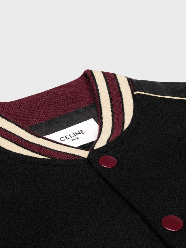 CELINE CLASSIC TEDDY JACKET IN TEXTURED WOOL BLACK / BURGUNDY